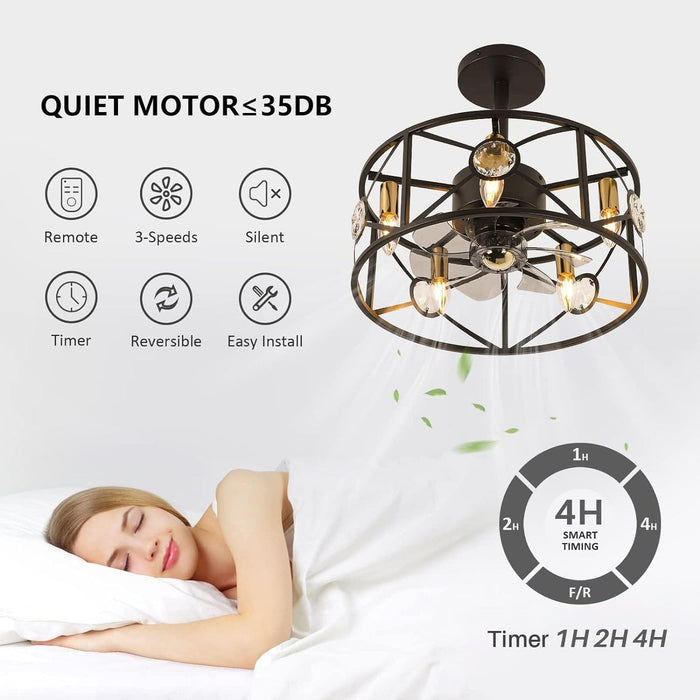 20 in. Black Caged Flush Mount Ceiling Fan Light, Farmhouse Small Reversible Ceiling Fan for Bedroom Office, Kitchen Ceiling Fans with Lights -12-ErisView