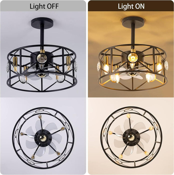 20 in. Black Caged Flush Mount Ceiling Fan Light, Farmhouse Small Reversible Ceiling Fan for Bedroom Office, Kitchen Ceiling Fans with Lights -15-ErisView