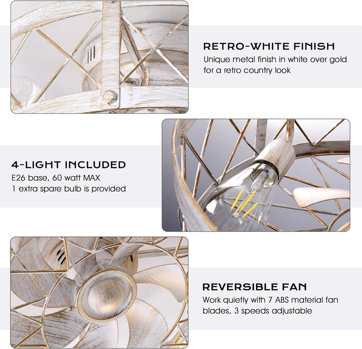 20 in. Black Caged Flush Mount Ceiling Fan Light, Farmhouse Small Reversible Ceiling Fan for Bedroom Office, Kitchen Ceiling Fans with Lights -18-ErisView