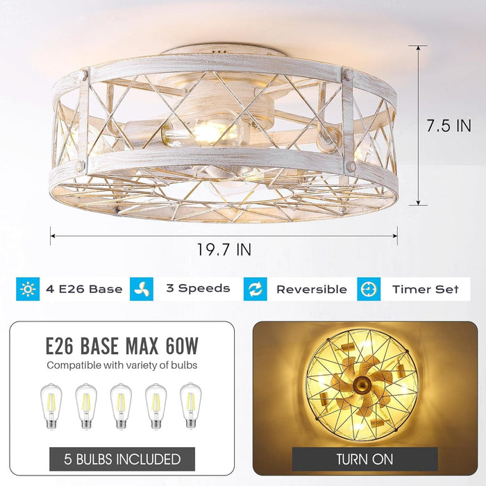 20 in. Black Caged Flush Mount Ceiling Fan Light, Farmhouse Small Reversible Ceiling Fan for Bedroom Office, Kitchen Ceiling Fans with Lights -19-ErisView