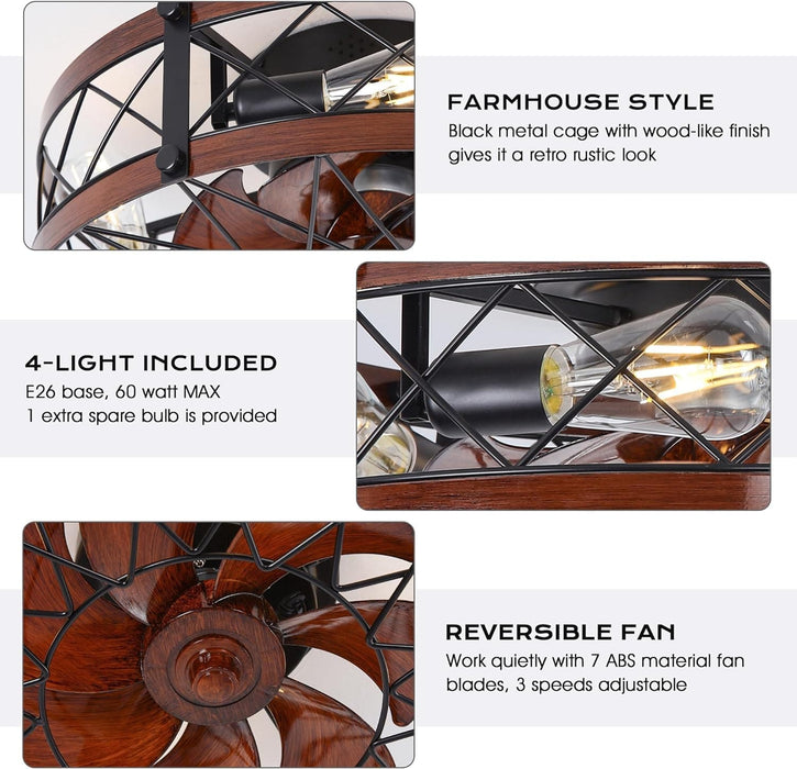 20 in. Black Caged Flush Mount Ceiling Fan Light, Farmhouse Small Reversible Ceiling Fan for Bedroom Office, Kitchen Ceiling Fans with Lights -2-ErisView
