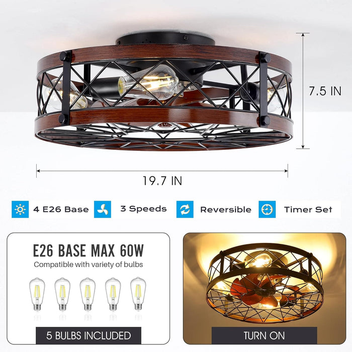 20 in. Black Caged Flush Mount Ceiling Fan Light, Farmhouse Small Reversible Ceiling Fan for Bedroom Office, Kitchen Ceiling Fans with Lights -3-ErisView