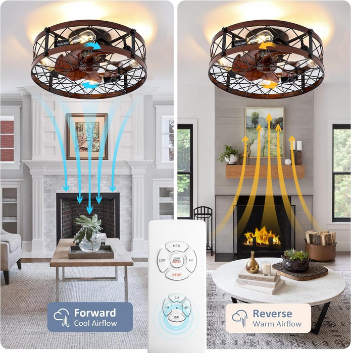 20 in. Black Caged Flush Mount Ceiling Fan Light, Farmhouse Small Reversible Ceiling Fan for Bedroom Office, Kitchen Ceiling Fans with Lights -4-ErisView
