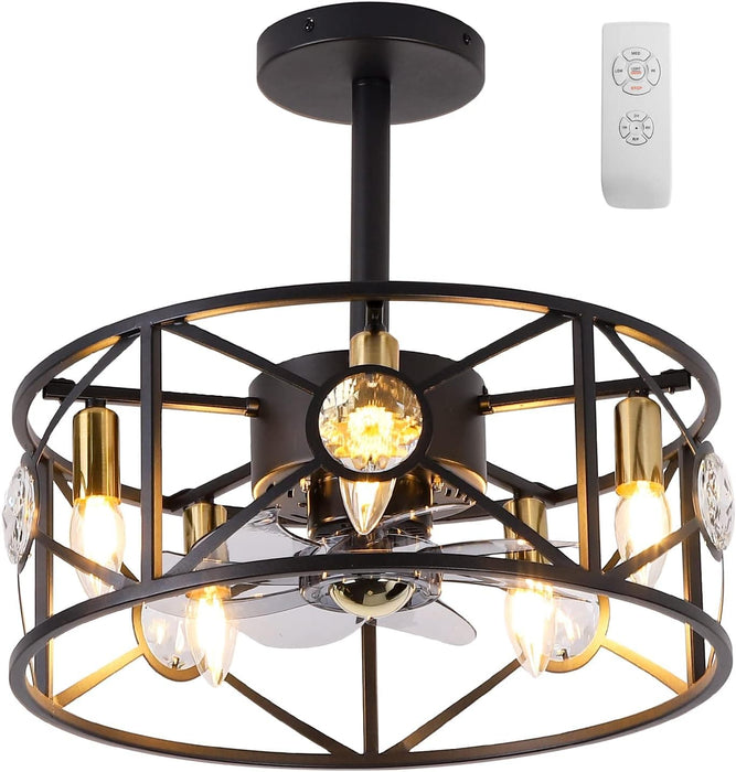 20 in. Black Caged Flush Mount Ceiling Fan Light, Farmhouse Small Reversible Ceiling Fan for Bedroom Office, Kitchen Ceiling Fans with Lights -8-ErisView