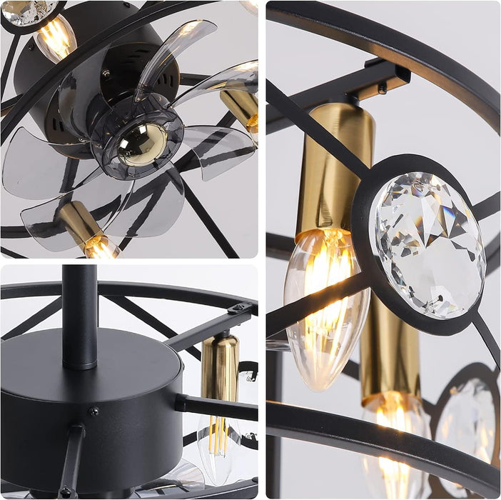 20 in. Black Caged Flush Mount Ceiling Fan Light, Farmhouse Small Reversible Ceiling Fan for Bedroom Office, Kitchen Ceiling Fans with Lights -9-ErisView
