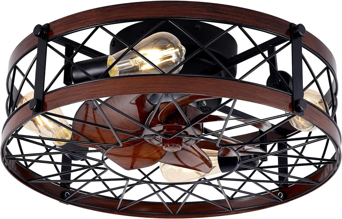20 in. Black Caged Flush Mount Ceiling Fan Light, Farmhouse Small Reversible Ceiling Fan for Bedroom Office, Kitchen Ceiling Fans with Lights -1-ErisView