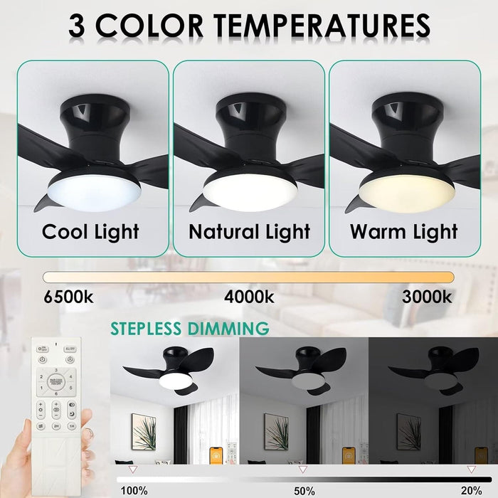 20 in. Black Dimmable Modern Flush Mount Low Profile Ceiling Fan with Remote Control, Indoor Smart Ceiling Fan with Light, Bedroom Ceiling Fans-10-ErisView
