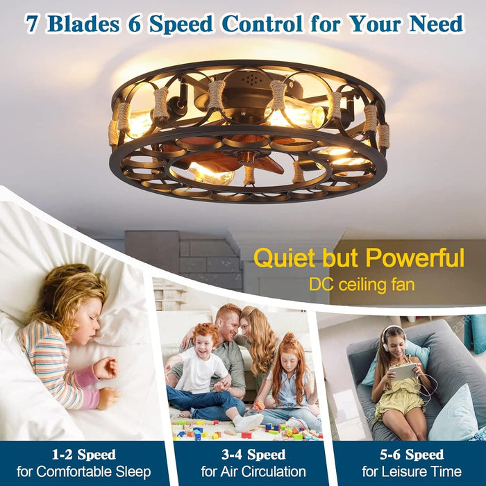 20 in. Black Flush Mount Caged Ceiling Fan with Light Remote, Farmhouse Rustic Vintage Low Profile Ceiling Fan, Enclosed Ceiling Fan Light Fixture-2-ErisView