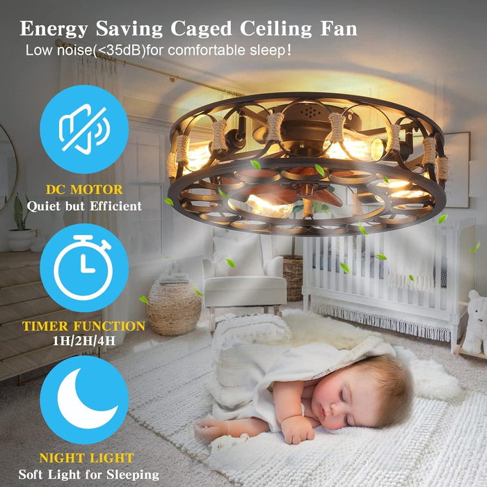 20 in. Black Flush Mount Caged Ceiling Fan with Light Remote, Farmhouse Rustic Vintage Low Profile Ceiling Fan, Enclosed Ceiling Fan Light Fixture-5-ErisView