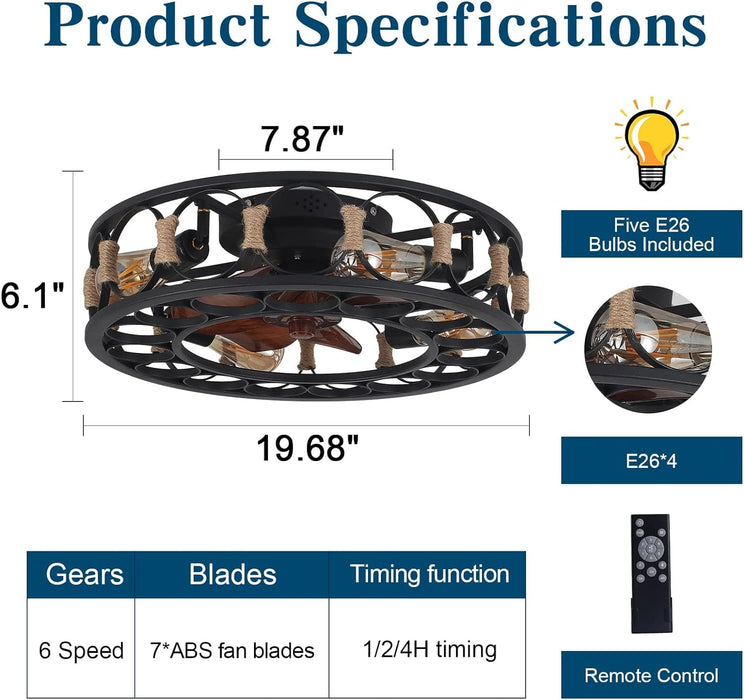 20 in. Black Flush Mount Caged Ceiling Fan with Light Remote, Farmhouse Rustic Vintage Low Profile Ceiling Fan, Enclosed Ceiling Fan Light Fixture-6-ErisView