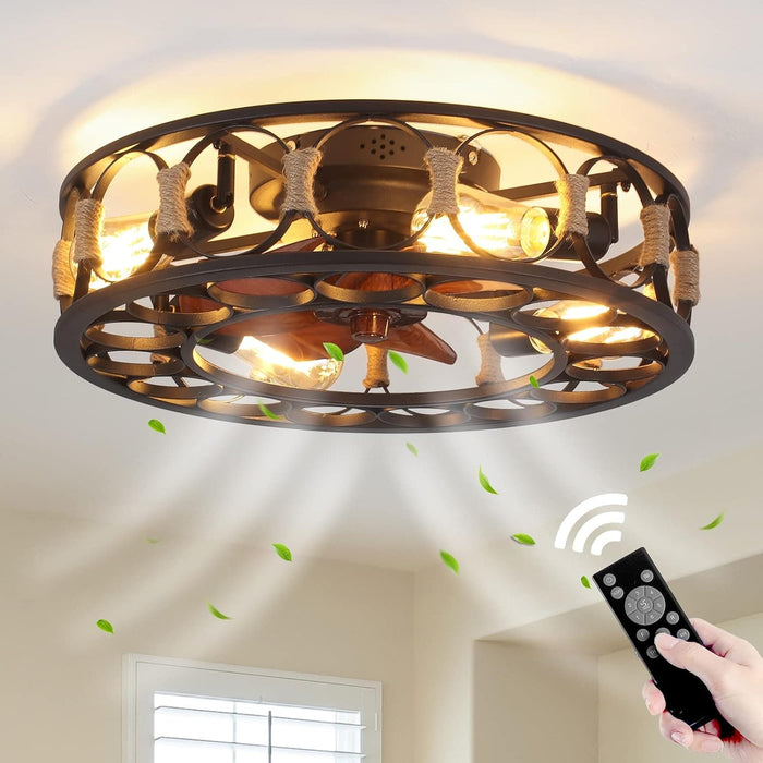 20 in. Black Flush Mount Caged Ceiling Fan with Light Remote, Farmhouse Rustic Vintage Low Profile Ceiling Fan, Enclosed Ceiling Fan Light Fixture-9-ErisView