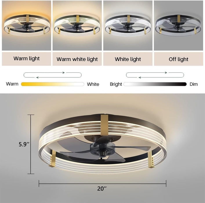 20 in. Black Indoor Ceiling Fan with Low Profile Light and Remote, Modern Dimmable Flush Mount Bedroom Ceiling Fans-2-ErisView