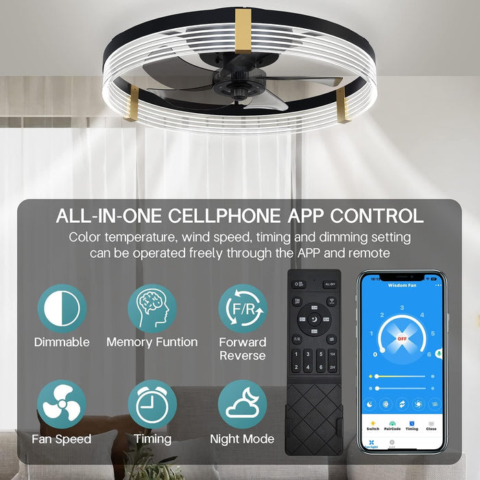 20 in. Black Indoor Ceiling Fan with Low Profile Light and Remote, Modern Dimmable Flush Mount Bedroom Ceiling Fans-5-ErisView