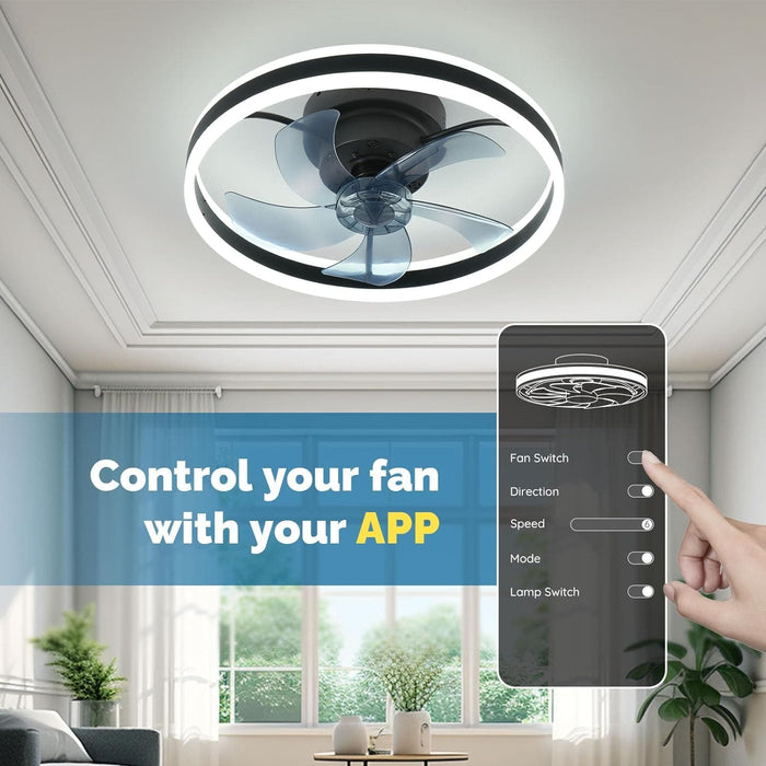 20 in. Black Low Profile Ceiling Fan and Light, Modern Flush Mount Enclosed Ceiling Fan, Smart LED Dimmable Bladeless Ceiling Fan with Remote Control-5-ErisView