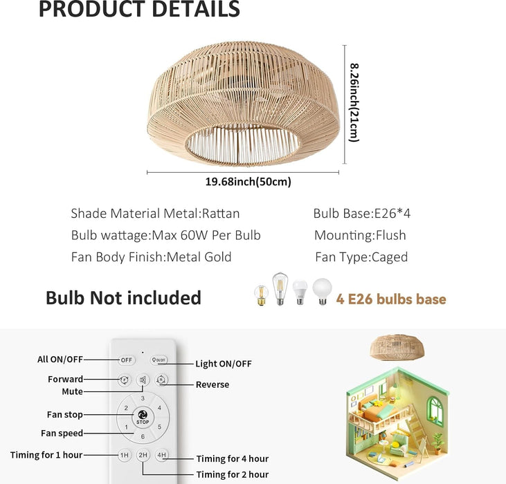 20 in. Boho Caged Ceiling Fan with Light, Rattan Ceiling Fan with Lights and Remote, Enclosed Ceiling Fan for Bedroom Living Room Kitchen-8-ErisView
