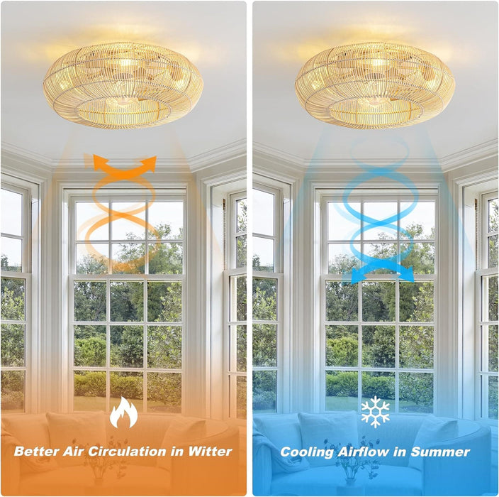 20 in. Boho Caged Ceiling Fan with Light and Remote, Flush Mount Rattan Fandelier, Bamboo Ceiling Fan Light Fixture for Bedroom Dining Room Living Room-5-ErisView