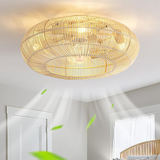 20 in. Boho Caged Ceiling Fan with Light and Remote, Flush Mount Rattan Fandelier, Bamboo Ceiling Fan Light Fixture for Bedroom Dining Room Living Room-1-ErisView