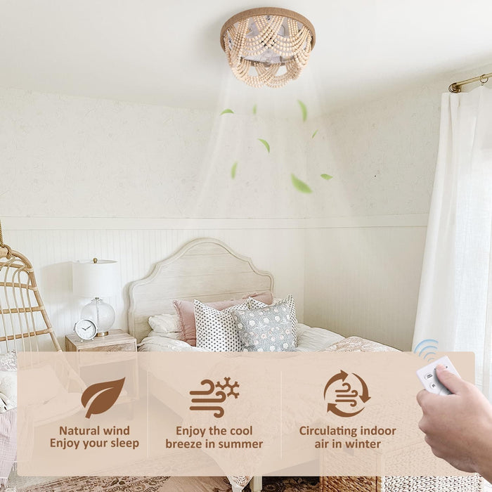 20 in. Boho Ceiling Fan, White Fandelier Flush Mounts with Lights and Remote Control, Low Profile Wood Beaded Ceiling Fan for Living Room Bedroom-3-ErisView