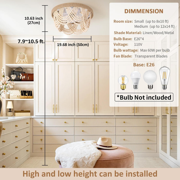 20 in. Boho Ceiling Fan, White Fandelier Flush Mounts with Lights and Remote Control, Low Profile Wood Beaded Ceiling Fan for Living Room Bedroom-4-ErisView