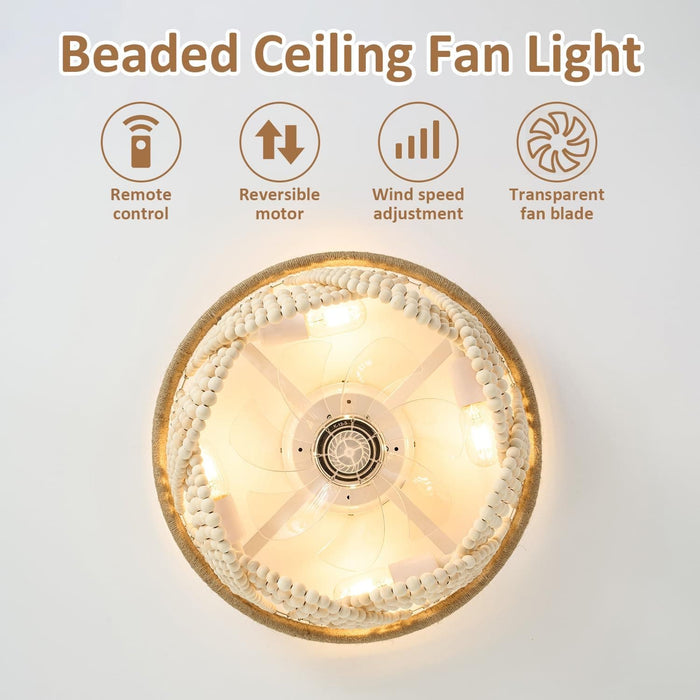 20 in. Boho Ceiling Fan, White Fandelier Flush Mounts with Lights and Remote Control, Low Profile Wood Beaded Ceiling Fan for Living Room Bedroom-5-ErisView