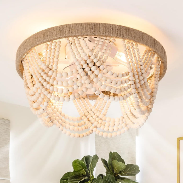 20 in. Boho Ceiling Fan, White Fandelier Flush Mounts with Lights and Remote Control, Low Profile Wood Beaded Ceiling Fan for Living Room Bedroom-1-ErisView