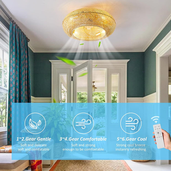 20 in. Boho Ceiling Fan with Light and Remote, Flush Mount Caged Enclosed Ceiling Fan, Rattan Bamboo Ceiling Fan for Bedroom Living Room -2-ErisView