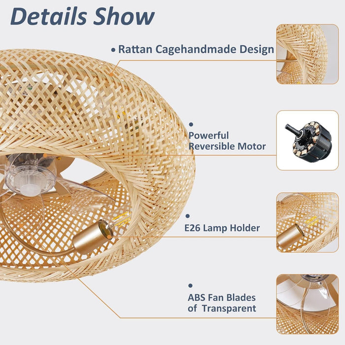 20 in. Boho Ceiling Fan with Light and Remote, Flush Mount Caged Enclosed Ceiling Fan, Rattan Bamboo Ceiling Fan for Bedroom Living Room -4-ErisView