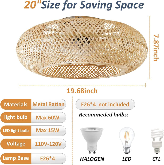 20 in. Boho Ceiling Fan with Light and Remote, Flush Mount Caged Enclosed Ceiling Fan, Rattan Bamboo Ceiling Fan for Bedroom Living Room -5-ErisView