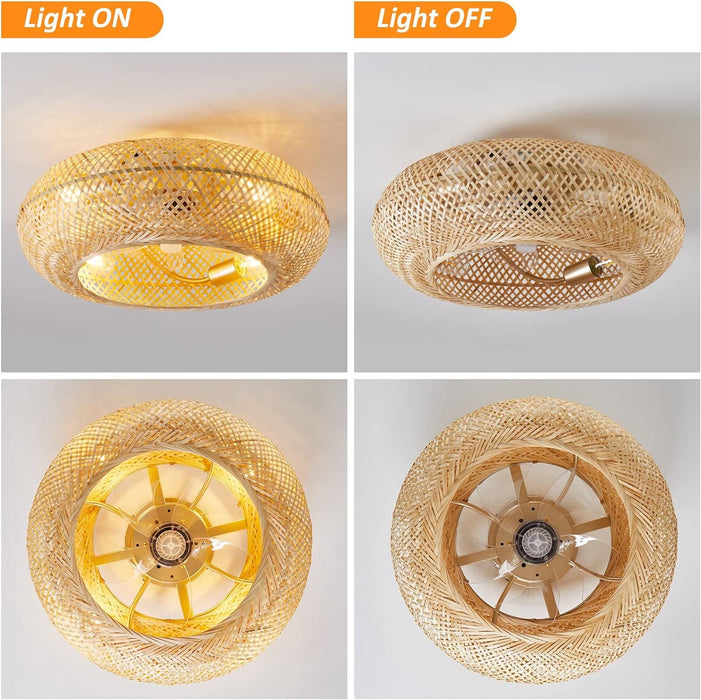 20 in. Boho Ceiling Fan with Light and Remote, Flush Mount Caged Enclosed Ceiling Fan, Rattan Bamboo Ceiling Fan for Bedroom Living Room -7-ErisView