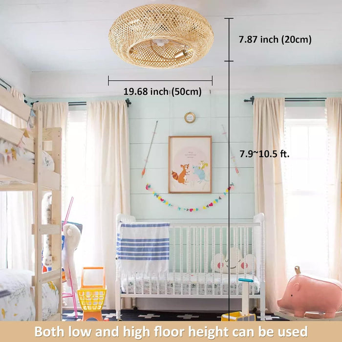 20 in. Boho Ceiling Fan with Light and Remote, Flush Mount Caged Enclosed Ceiling Fan, Rattan Bamboo Ceiling Fan for Bedroom Living Room -8-ErisView