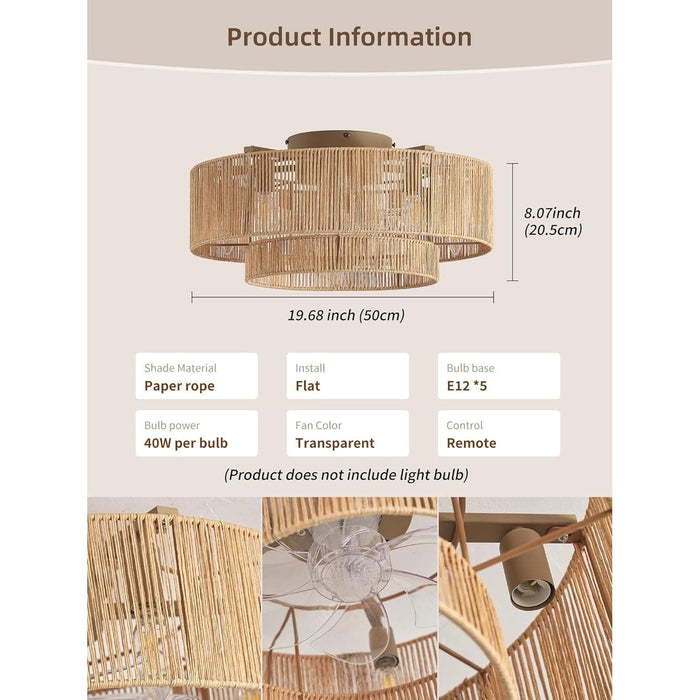 20 in. Boho Ceiling Fan with Lights, Flush Mount Caged Rattan Ceiling Fan, Remote Ceiling Fan with Light, Ceiling Fan with Low Profile Light for Bedroom-2-ErisView