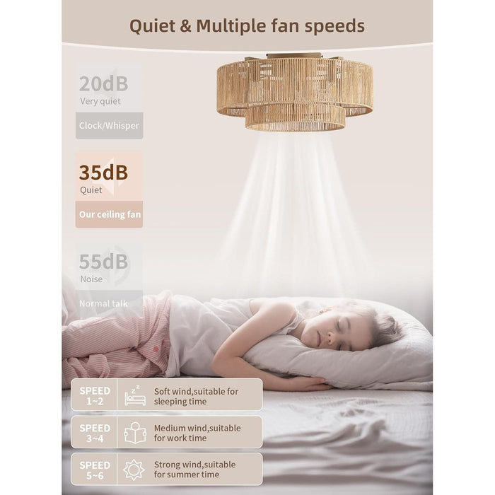 20 in. Boho Ceiling Fan with Lights, Flush Mount Caged Rattan Ceiling Fan, Remote Ceiling Fan with Light, Ceiling Fan with Low Profile Light for Bedroom-3-ErisView