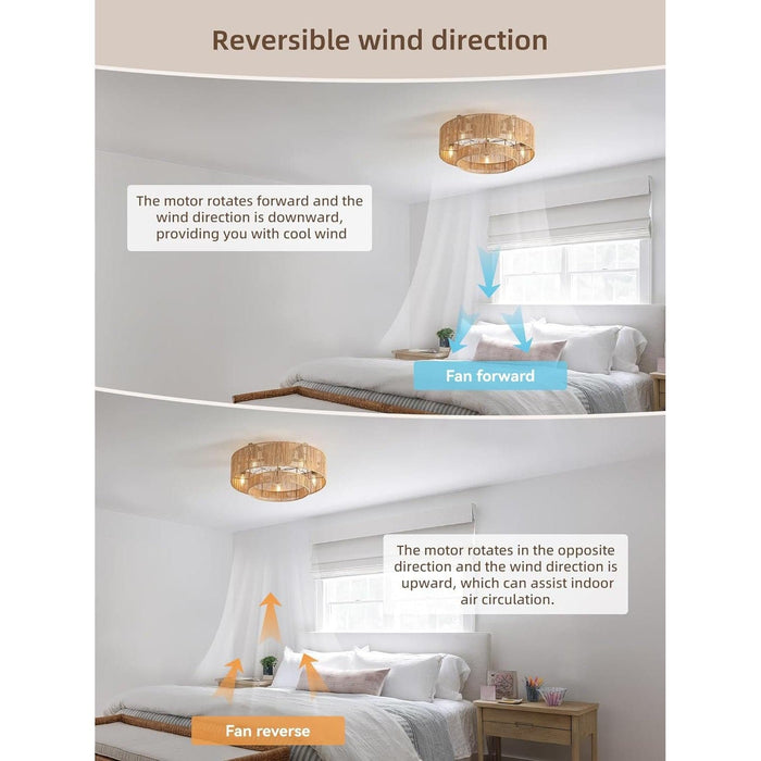 20 in. Boho Ceiling Fan with Lights, Flush Mount Caged Rattan Ceiling Fan, Remote Ceiling Fan with Light, Ceiling Fan with Low Profile Light for Bedroom-6-ErisView
