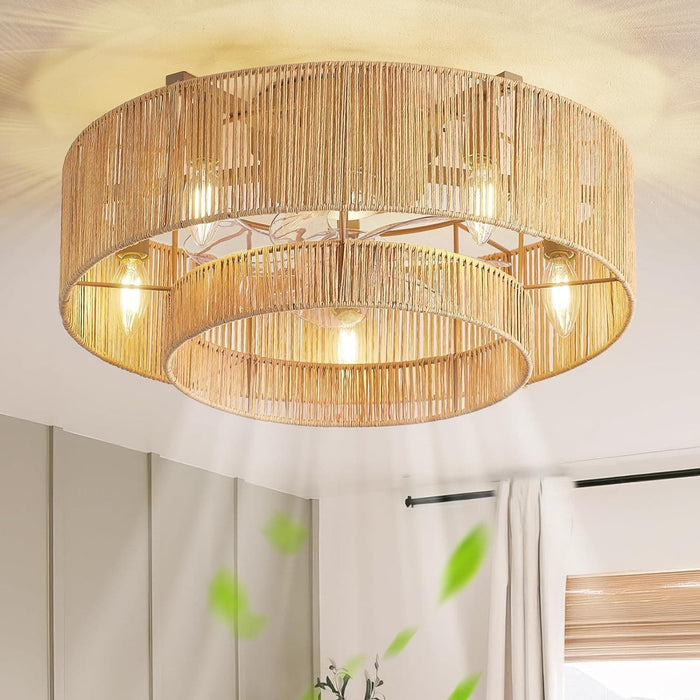 20 in. Boho Ceiling Fan with Lights, Flush Mount Caged Rattan Ceiling Fan, Remote Ceiling Fan with Light, Ceiling Fan with Low Profile Light for Bedroom-1-ErisView