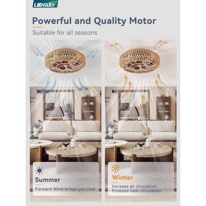 20 in. Boho Ceiling Fan with Lights and Remote, Rattan Caged Bamboo Ceiling Fan, Flush Mount Bedroom Ceiling Fans, Living Room Fan, Kitchen Ceiling Fans-3-ErisView
