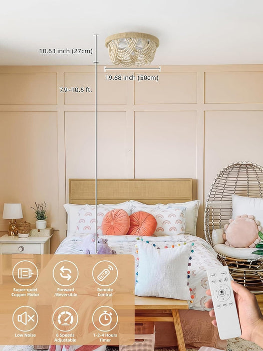 20 in. Boho Chandelier Ceiling Fan with Light, Caged Ceiling Fan with Remote, Flush Mount Wood Beaded Ceiling Fans, Nursery Ceiling Fan, Girl's Room-2-ErisView