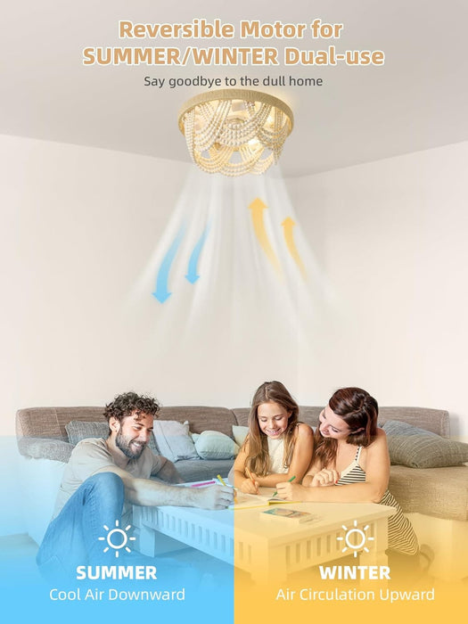 20 in. Boho Chandelier Ceiling Fan with Light, Caged Ceiling Fan with Remote, Flush Mount Wood Beaded Ceiling Fans, Nursery Ceiling Fan, Girl's Room-6-ErisView