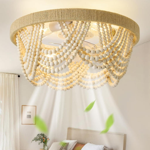 20 in. Boho Chandelier Ceiling Fan with Light, Caged Ceiling Fan with Remote, Flush Mount Wood Beaded Ceiling Fans, Nursery Ceiling Fan, Girl's Room-1-ErisView