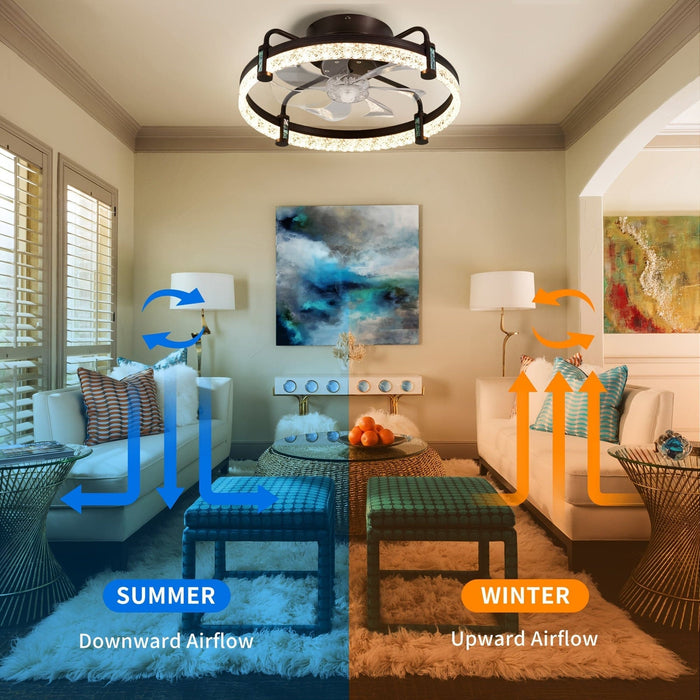 20 in. Brown Quiet LED Ceiling Fan with Light, Low Profile Flush Mount Reversible Ceiling Fan, Enclosed Bladeless Ceiling Fan for Bedroom Living Room-ErisView