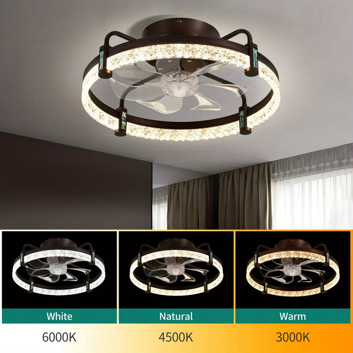20 in. Brown Quiet LED Ceiling Fan with Light, Low Profile Flush Mount Reversible Ceiling Fan, Enclosed Bladeless Ceiling Fan for Bedroom Living Room-ErisView
