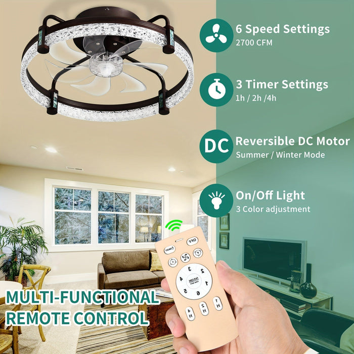 20 in. Brown Quiet LED Ceiling Fan with Light, Low Profile Flush Mount Reversible Ceiling Fan, Enclosed Bladeless Ceiling Fan for Bedroom Living Room-ErisView