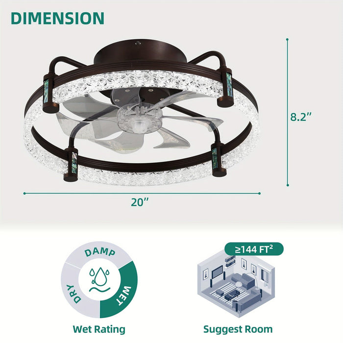 20 in. Brown Quiet LED Ceiling Fan with Light, Low Profile Flush Mount Reversible Ceiling Fan, Enclosed Bladeless Ceiling Fan for Bedroom Living Room-ErisView