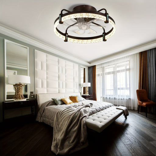 20 in. Brown Quiet LED Ceiling Fan with Light, Low Profile Flush Mount Reversible Ceiling Fan, Enclosed Bladeless Ceiling Fan for Bedroom Living Room-ErisView