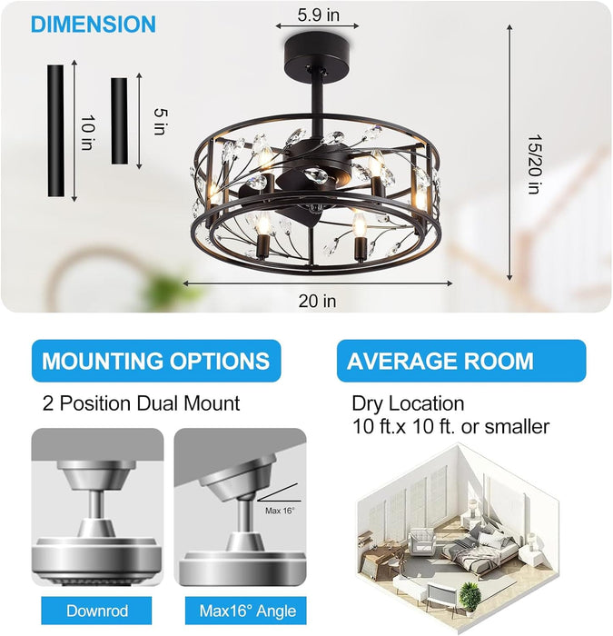 20 in. Caged Ceiling Fan with Light Remote Control, Quiet Crystal Ceiling Fan for Bedroom Living Room-5-ErisView