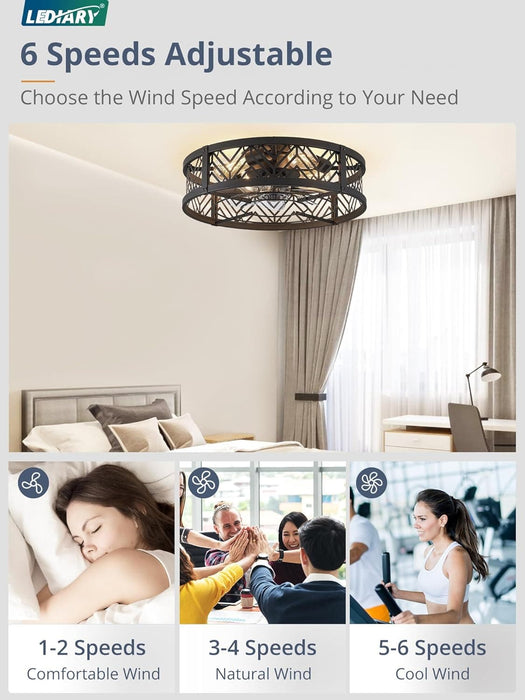 20 in. Caged Ceiling Fan with Light, Small Flush Mount Remote Control Fan, Black Low Profile Bladeless Ceiling Fan for Bedroom Kitchen Dining Room-2-ErisView