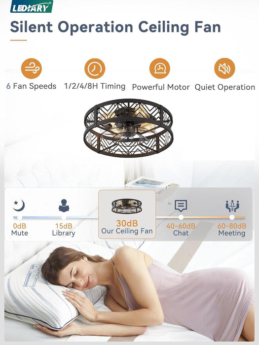 20 in. Caged Ceiling Fan with Light, Small Flush Mount Remote Control Fan, Black Low Profile Bladeless Ceiling Fan for Bedroom Kitchen Dining Room-3-ErisView