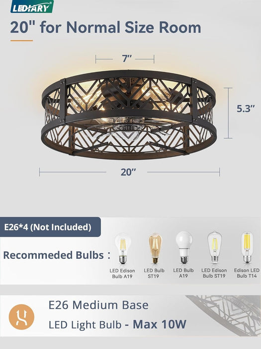 20 in. Caged Ceiling Fan with Light, Small Flush Mount Remote Control Fan, Black Low Profile Bladeless Ceiling Fan for Bedroom Kitchen Dining Room-5-ErisView