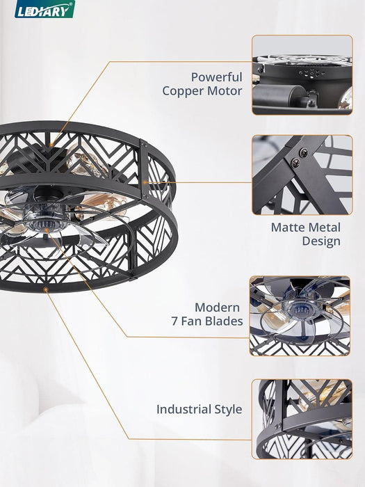 20 in. Caged Ceiling Fan with Light, Small Flush Mount Remote Control Fan, Black Low Profile Bladeless Ceiling Fan for Bedroom Kitchen Dining Room-6-ErisView