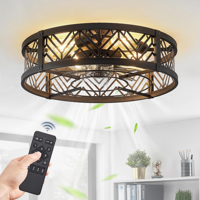 20 in. Caged Ceiling Fan with Light, Small Flush Mount Remote Control Fan, Black Low Profile Bladeless Ceiling Fan for Bedroom Kitchen Dining Room-1-ErisView