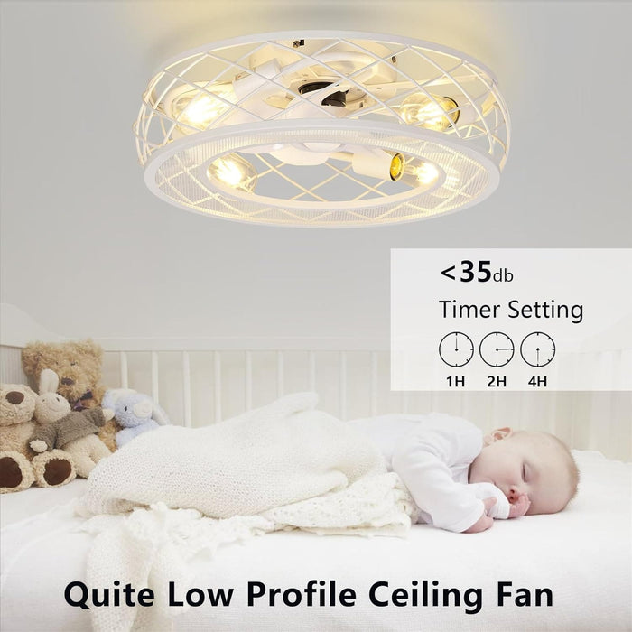 20 in. Caged Ceiling Fan with Light, White Flush Mount Farmhouse Low Profile Ceiling Fan and Light, Reversible Enclosed Ceiling Fan for Bedroom Kitchen-5-ErisView